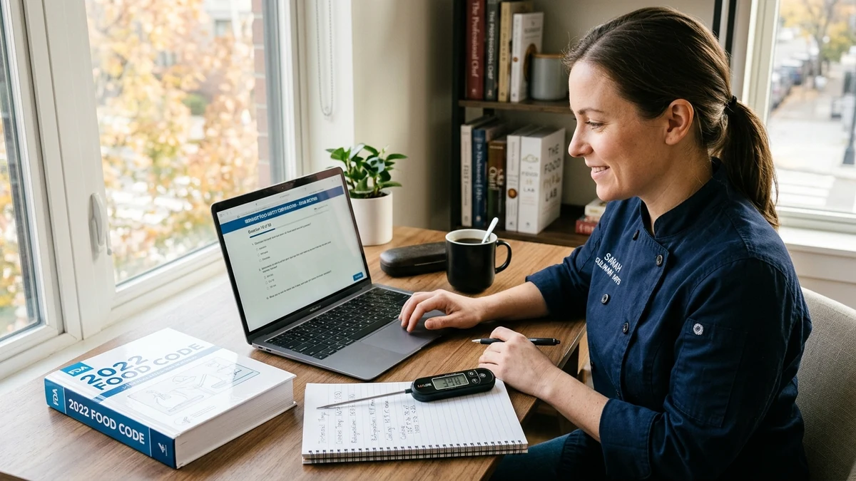 Culinary professional taking the online ServSafe certification exam via remote proctoring