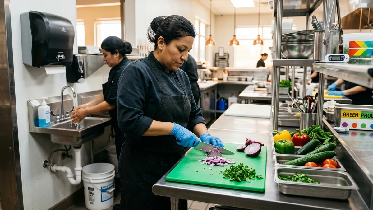 ServSafe Food Handler training in commercial kitchen with sanitary glove use and prep sanitation